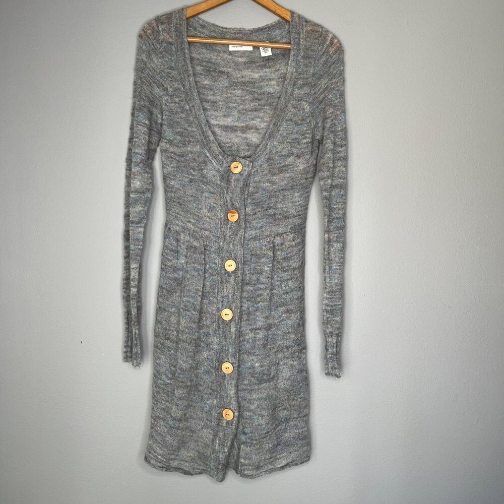 Anthropologie Long Gray Knit Cardigan with Wood Buttons